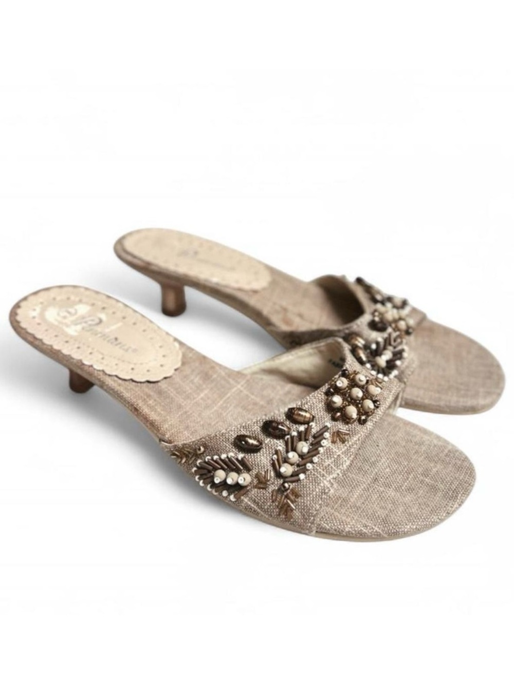 2003 Vintage Penman’s | Tan linen Beaded Kitten Heel Sandals
